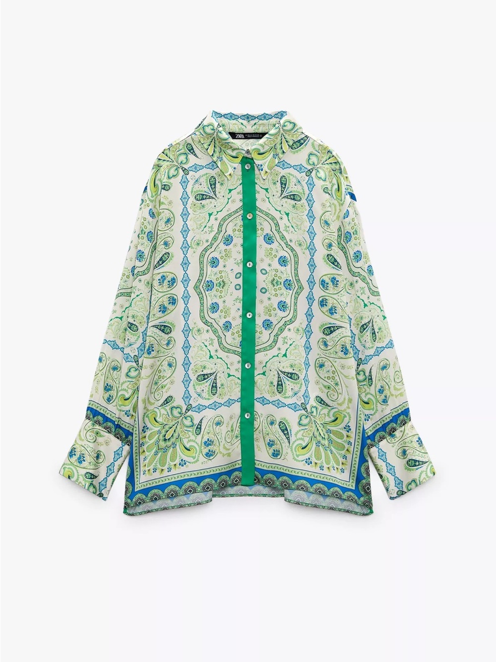 Zara Green and Blue Paisley Silk-Feel Button-Down Shirt